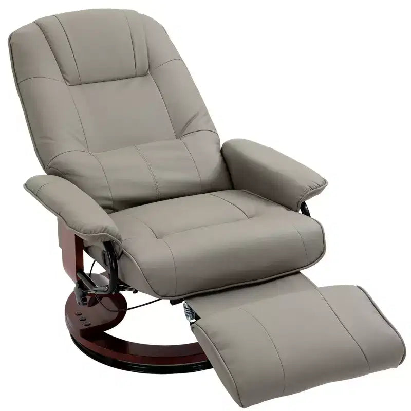 Fauteuil inclinable manuel en similicuir, fauteuil de salon pivotant et réglable avec repose-pieds, accoudoirs et base en bois enveloppée pour salon