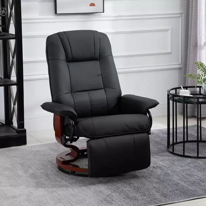 Fauteuil inclinable manuel en similicuir, fauteuil de salon pivotant et réglable avec repose-pieds, accoudoirs et base en bois enveloppée pour salon