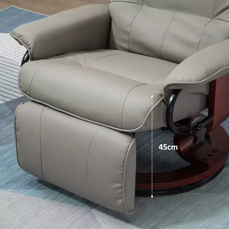 Fauteuil inclinable manuel en similicuir, fauteuil de salon pivotant et réglable avec repose-pieds, accoudoirs et base en bois enveloppée pour salon