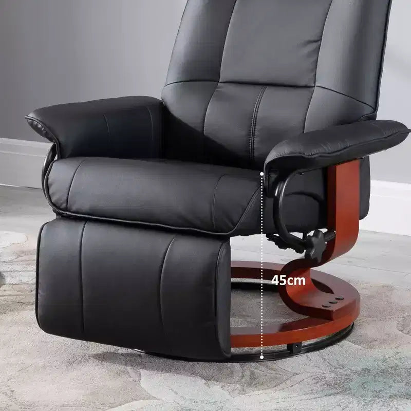 Fauteuil inclinable manuel en similicuir, fauteuil de salon pivotant et réglable avec repose-pieds, accoudoirs et base en bois enveloppée pour salon
