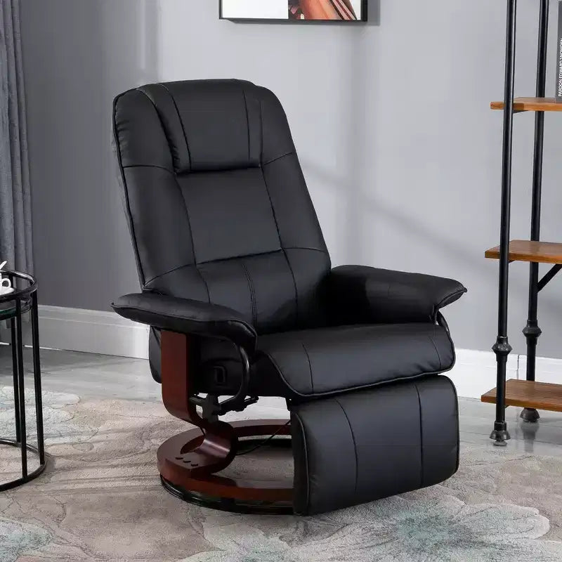 Fauteuil inclinable manuel en similicuir, fauteuil de salon pivotant et réglable avec repose-pieds, accoudoirs et base en bois enveloppée pour salon