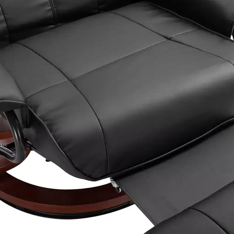 Fauteuil inclinable manuel en similicuir, fauteuil de salon pivotant et réglable avec repose-pieds, accoudoirs et base en bois enveloppée pour salon