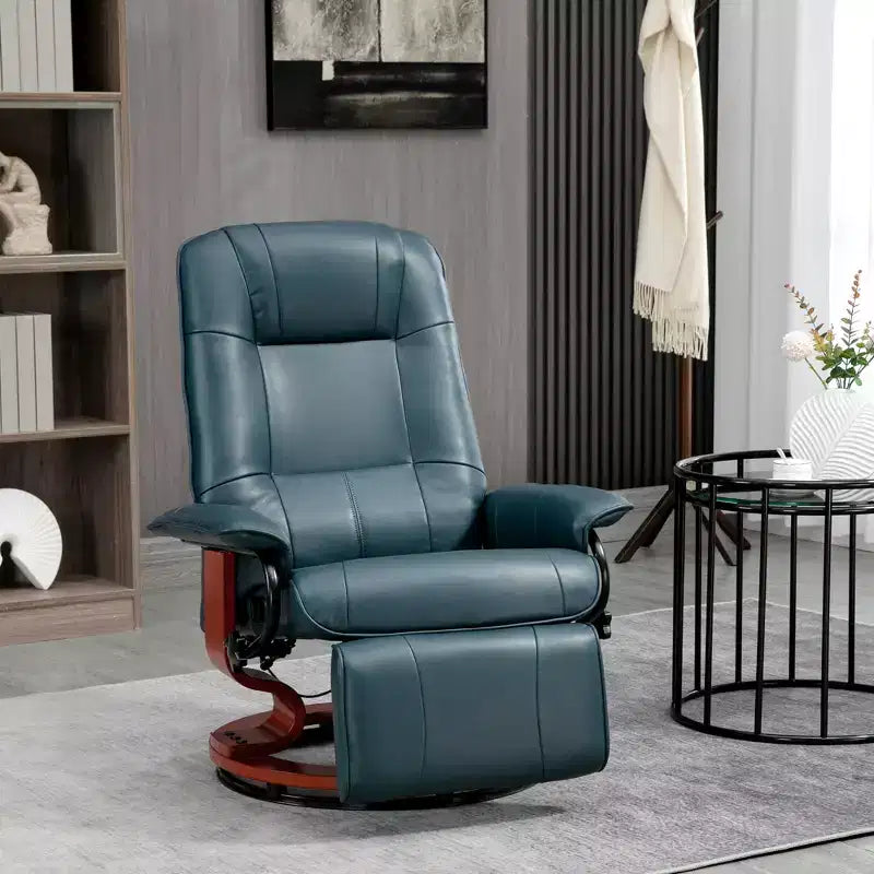 Fauteuil inclinable manuel en similicuir, fauteuil de salon pivotant et réglable avec repose-pieds, accoudoirs et base en bois enveloppée pour salon