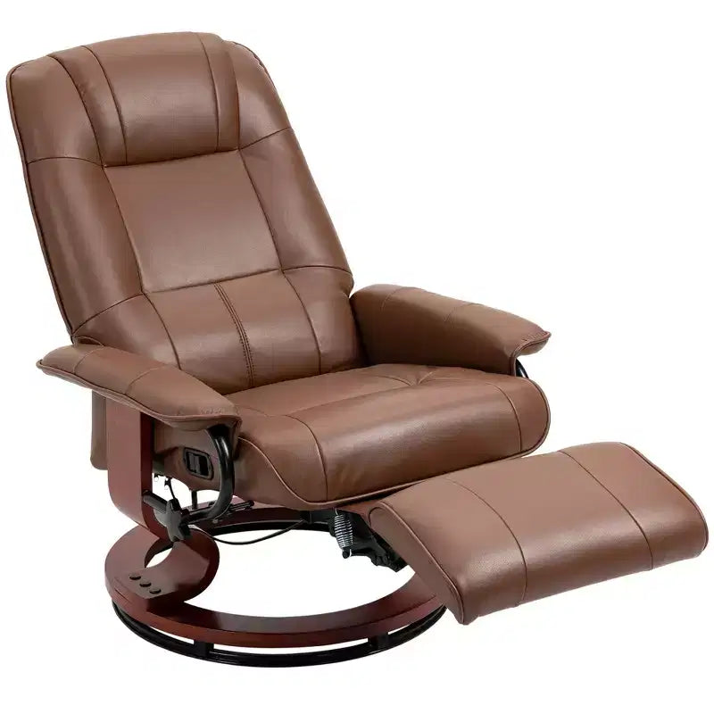 Fauteuil inclinable manuel en similicuir, fauteuil de salon pivotant et réglable avec repose-pieds, accoudoirs et base en bois enveloppée pour salon