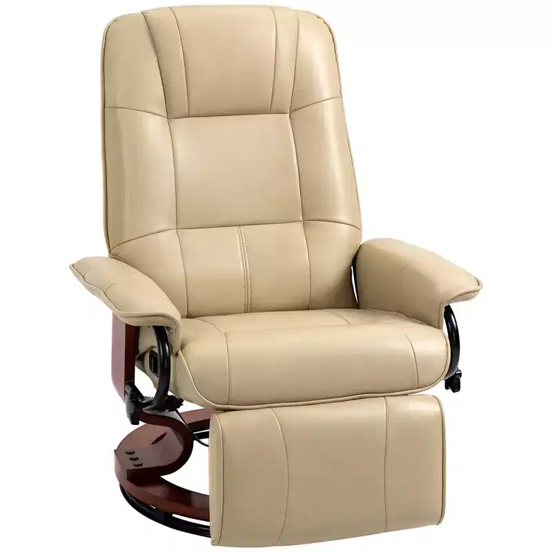 Fauteuil inclinable manuel en similicuir, fauteuil de salon pivotant et réglable avec repose-pieds, accoudoirs et base en bois enveloppée pour salon