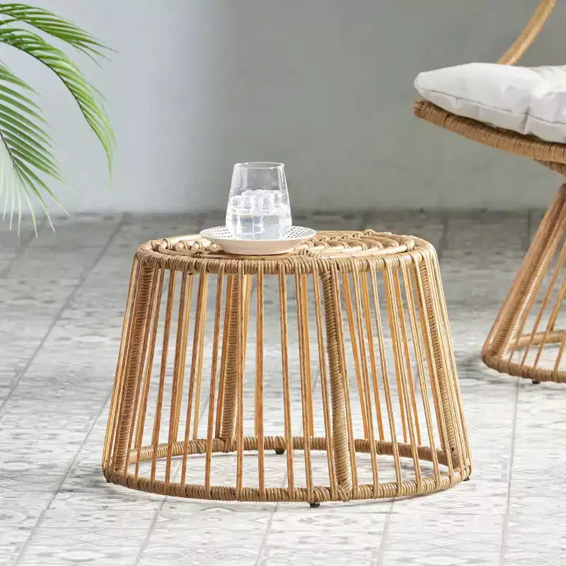 Round Rattan Patio Side Table, Bohemian Style Outdoor Indoor Accent Table for Garden Balcony Living Room