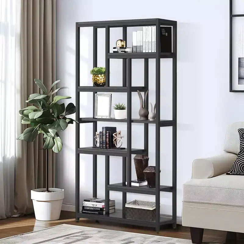 Bibliothèque 7 niveaux de 200 cm de haut, grande étagère ouverte avec 10 compartiments – Étagère de bibliothèque moderne sur pied pour salon, bureau, noire