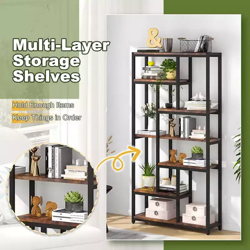 Bibliothèque 7 niveaux de 200 cm de haut, grande étagère ouverte avec 10 compartiments – Étagère de bibliothèque moderne sur pied pour salon, bureau, noire