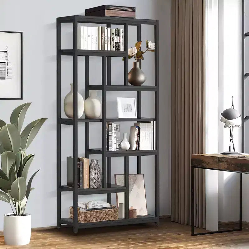 Bibliothèque 7 niveaux de 200 cm de haut, grande étagère ouverte avec 10 compartiments – Étagère de bibliothèque moderne sur pied pour salon, bureau, noire