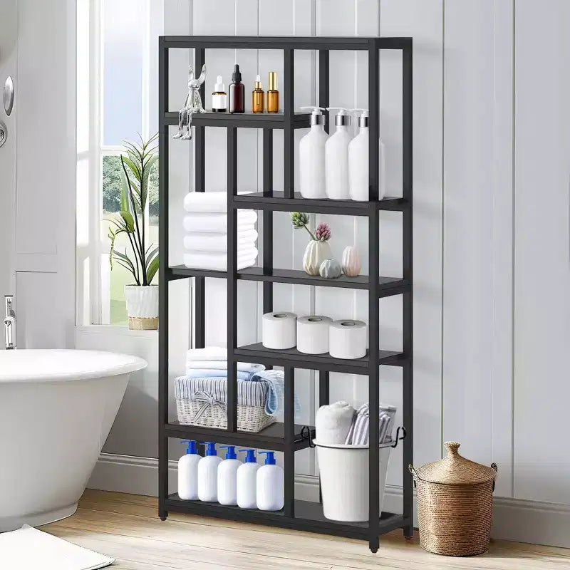 Bibliothèque 7 niveaux de 200 cm de haut, grande étagère ouverte avec 10 compartiments – Étagère de bibliothèque moderne sur pied pour salon, bureau, noire