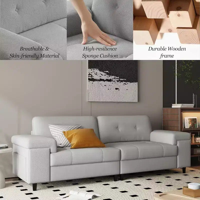Canapé moderne 3 places de 85 pouces pour salon, canapé en chenille avec assise profonde, accoudoirs larges réglables et dossier moelleux, canapé de chambre confortable capitonné