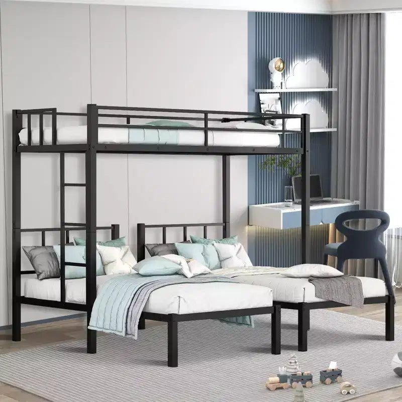 Twin Metal Bunk Bed, Triple Convertible Loft, Full-Length Guardrail & Ladder, Space-Saving, No Box Spring, Black, Twin Over Twin for Teens/Adults