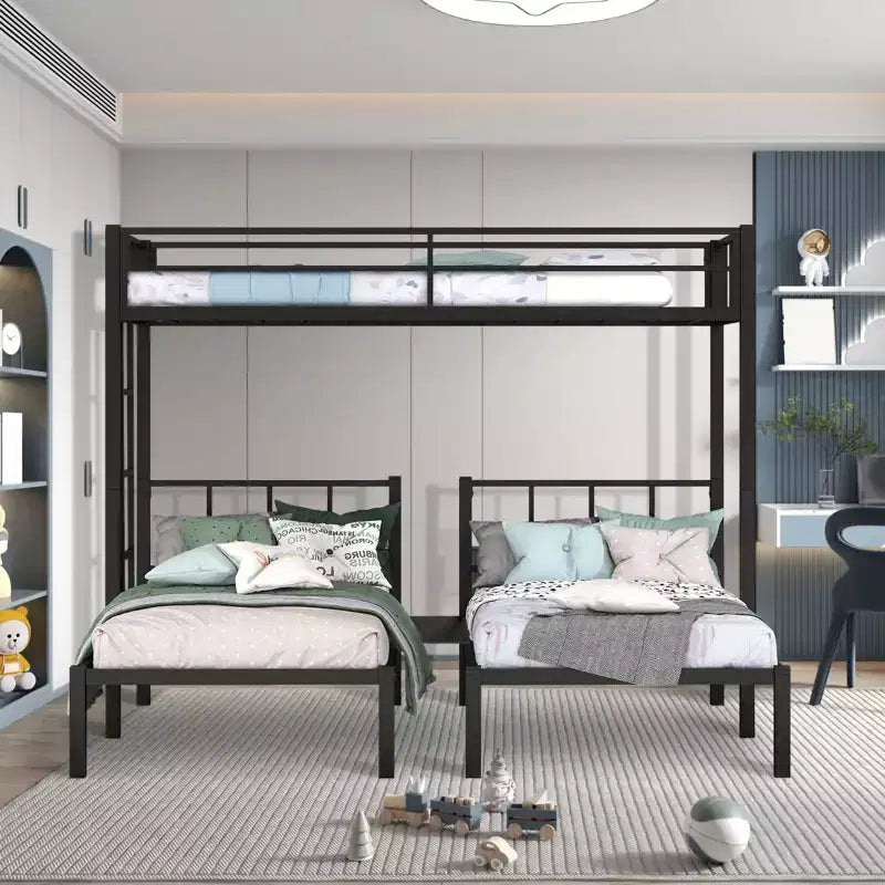 Lit superposé double en métal, triple lit mezzanine convertible, garde-corps pleine longueur et échelle, gain de place, pas de sommier, noir, lit double superposé pour adolescents/adultes