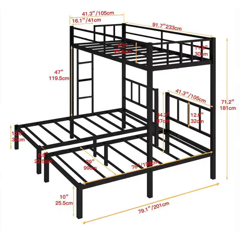 Lit superposé double en métal, triple lit mezzanine convertible, garde-corps pleine longueur et échelle, gain de place, pas de sommier, noir, lit double superposé pour adolescents/adultes