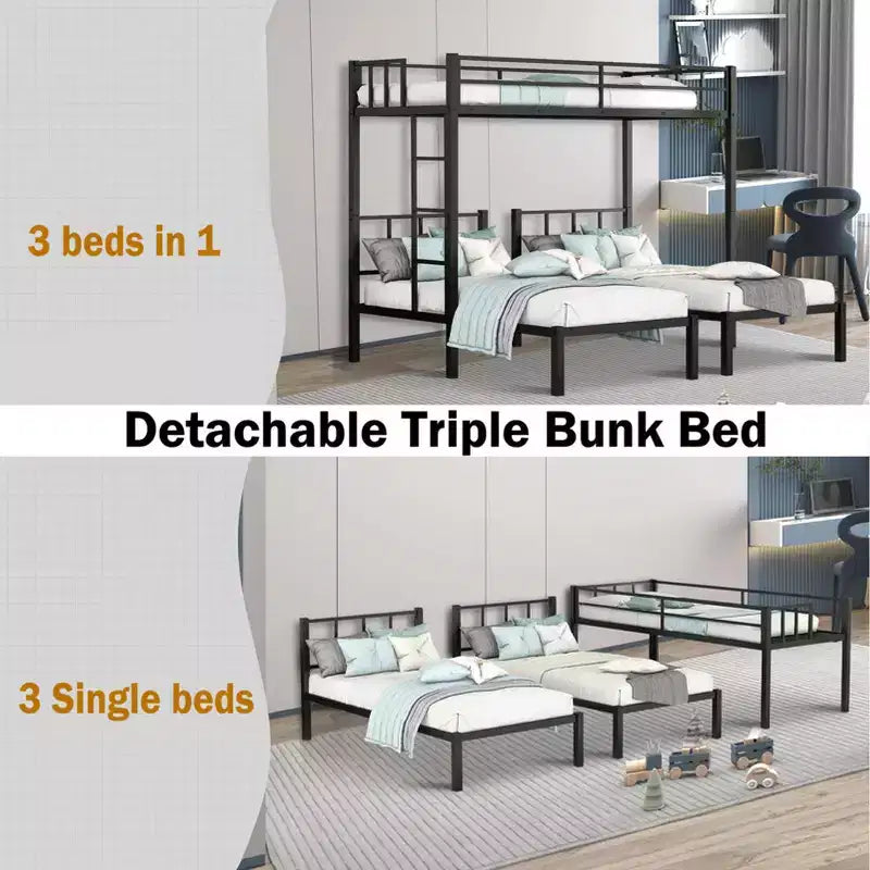 Lit superposé double en métal, triple lit mezzanine convertible, garde-corps pleine longueur et échelle, gain de place, pas de sommier, noir, lit double superposé pour adolescents/adultes