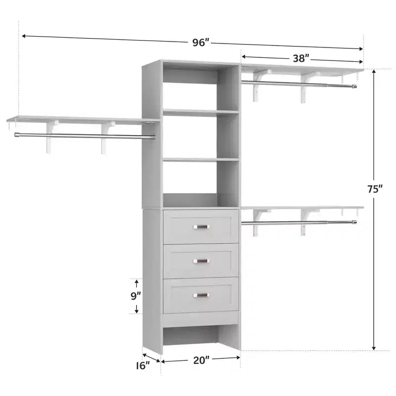 Ensemble de 2 organisateurs de dressing avec étagères et 6 tringles de suspension, système de dressing 116-192 avec tiroirs