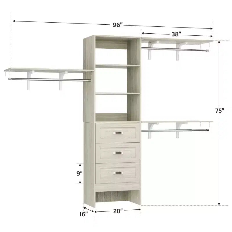Ensemble de 2 organisateurs de dressing avec étagères et 6 tringles de suspension, système de dressing 116-192 avec tiroirs
