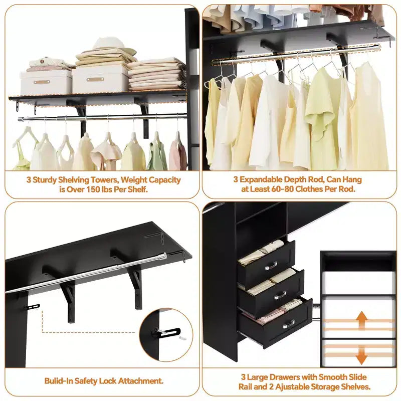 Ensemble de 2 organisateurs de dressing avec étagères et 6 tringles de suspension, système de dressing 116-192 avec tiroirs