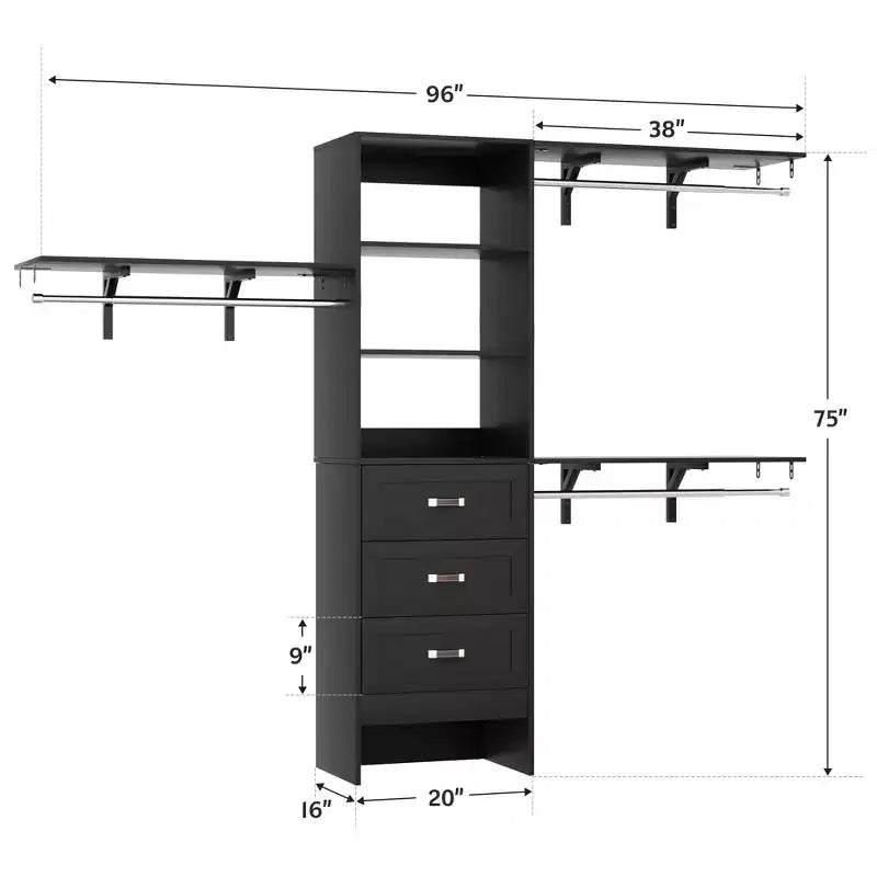 Ensemble de 2 organisateurs de dressing avec étagères et 6 tringles de suspension, système de dressing 116-192 avec tiroirs