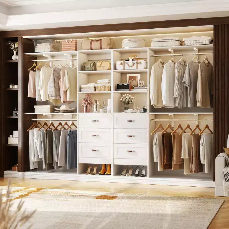 Ensemble de 2 organisateurs de dressing avec étagères et 6 tringles de suspension, système de dressing 116-192 avec tiroirs