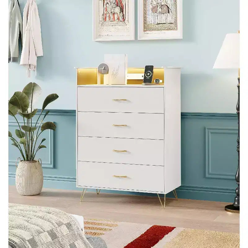 Commode en bois à 4 tiroirs pour chambre à coucher, table de chevet moderne, commode en bois, grande armoire de rangement pour chambre à coucher, salon, placard.