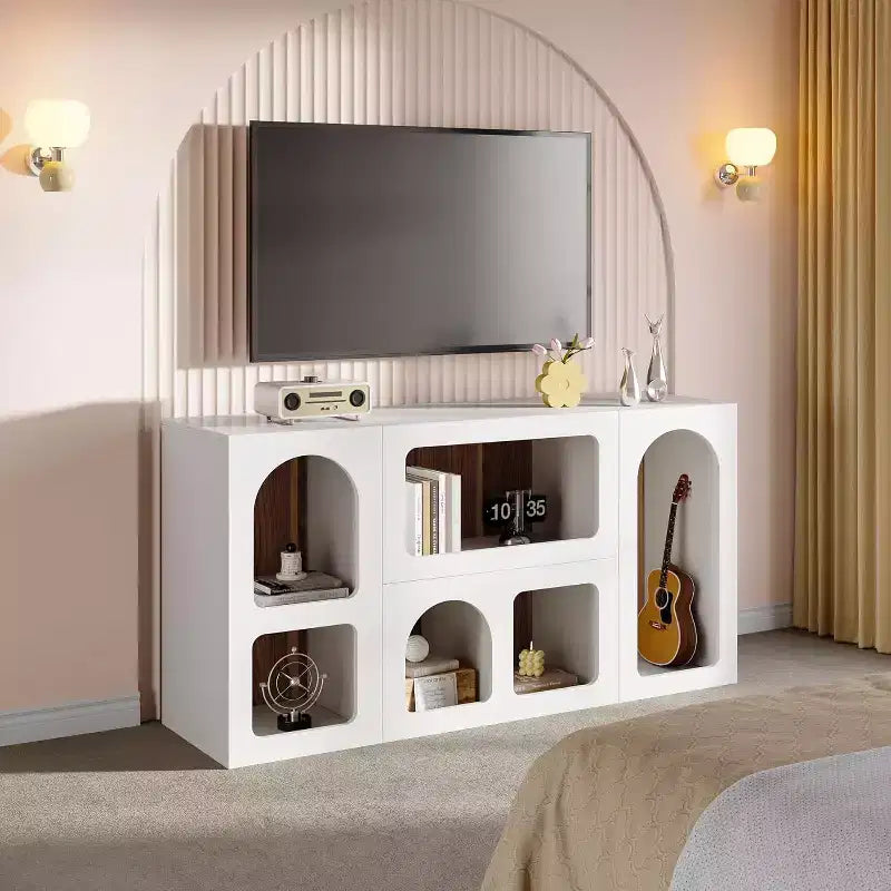 Lantine 59-Inch Modern TV Stand for TVs Up to 65 Inches, Wood Entertainment Center with Open Shelves for Living Room, Bedroom, White