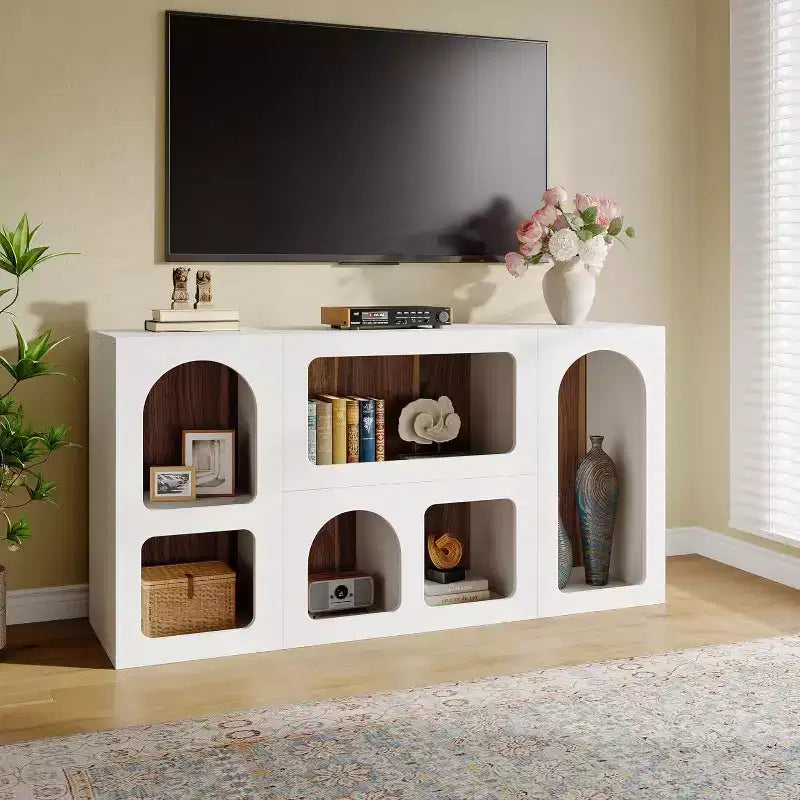 Meuble TV moderne de 150 cm pour téléviseurs jusqu'à 65 pouces, meuble de divertissement en bois avec étagères ouvertes pour salon, chambre à coucher, blanc