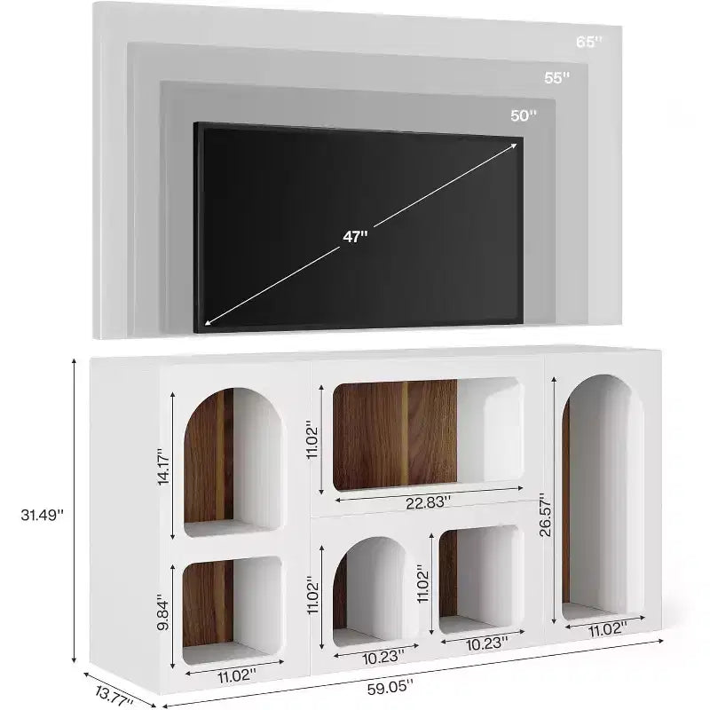 Meuble TV moderne de 150 cm pour téléviseurs jusqu'à 65 pouces, meuble de divertissement en bois avec étagères ouvertes pour salon, chambre à coucher, blanc