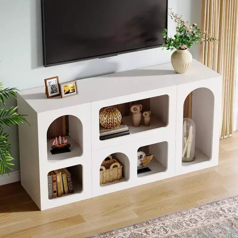 Meuble TV moderne de 150 cm pour téléviseurs jusqu'à 65 pouces, meuble de divertissement en bois avec étagères ouvertes pour salon, chambre à coucher, blanc