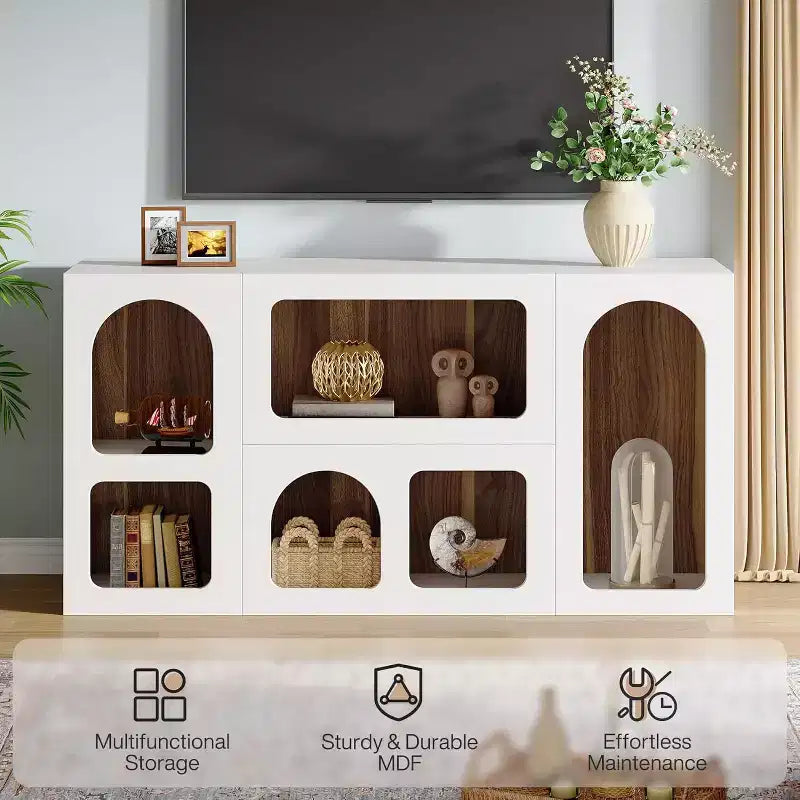 Meuble TV moderne de 150 cm pour téléviseurs jusqu'à 65 pouces, meuble de divertissement en bois avec étagères ouvertes pour salon, chambre à coucher, blanc
