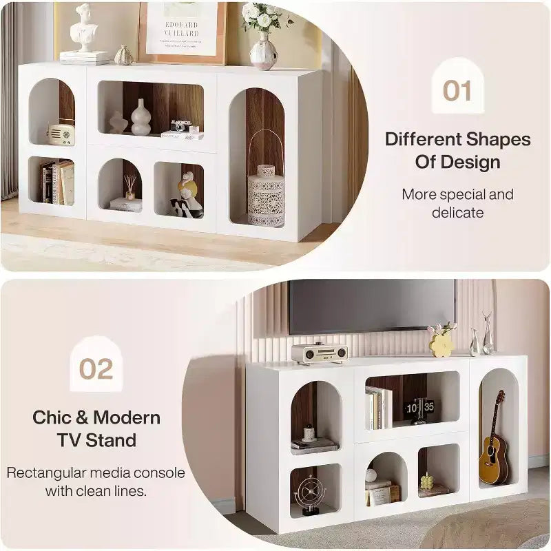 Meuble TV moderne de 150 cm pour téléviseurs jusqu'à 65 pouces, meuble de divertissement en bois avec étagères ouvertes pour salon, chambre à coucher, blanc