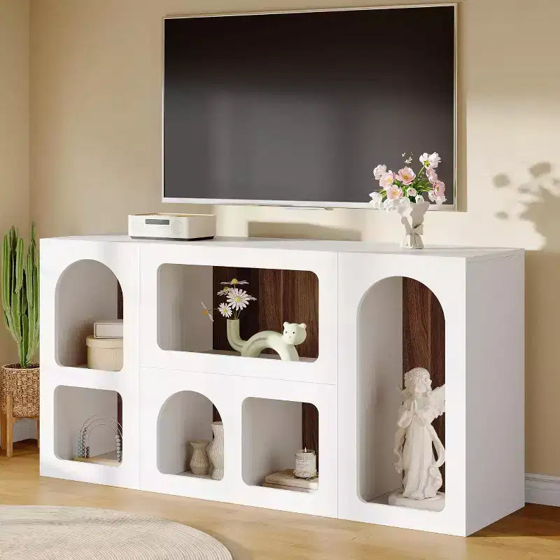 Meuble TV moderne de 150 cm pour téléviseurs jusqu'à 65 pouces, meuble de divertissement en bois avec étagères ouvertes pour salon, chambre à coucher, blanc