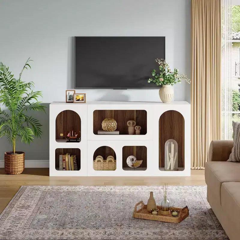 Meuble TV moderne de 150 cm pour téléviseurs jusqu'à 65 pouces, meuble de divertissement en bois avec étagères ouvertes pour salon, chambre à coucher, blanc