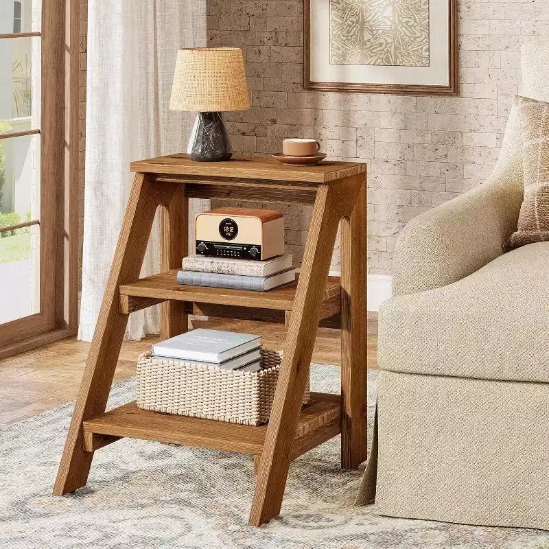Lantine Round End Table, Farmhouse Side Table with White Metal Hollow Frame, Small Bedside Table Nightstand for Living Room, Bedroom, Easy Assembly