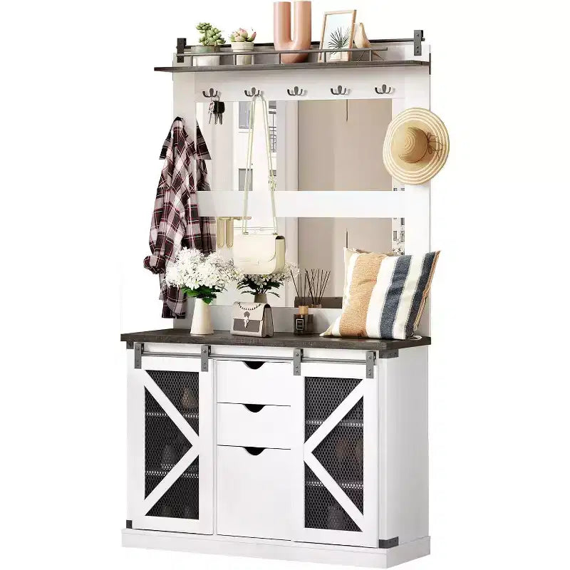 Barn Door Entryway Rack, MDF+PB+Iron, 2 Mirrors, Dark Oak & Vintage White Color, for Foyer