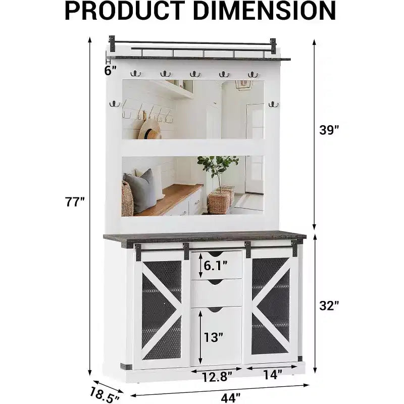 Meuble d'entrée avec porte coulissante, MDF+PB+Fer, 2 miroirs, couleur chêne foncé et blanc vintage, pour hall d'entrée