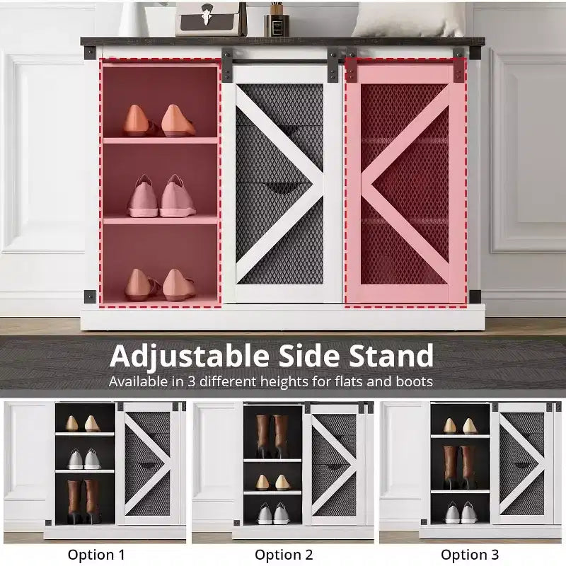 Meuble d'entrée avec porte coulissante, MDF+PB+Fer, 2 miroirs, couleur chêne foncé et blanc vintage, pour hall d'entrée