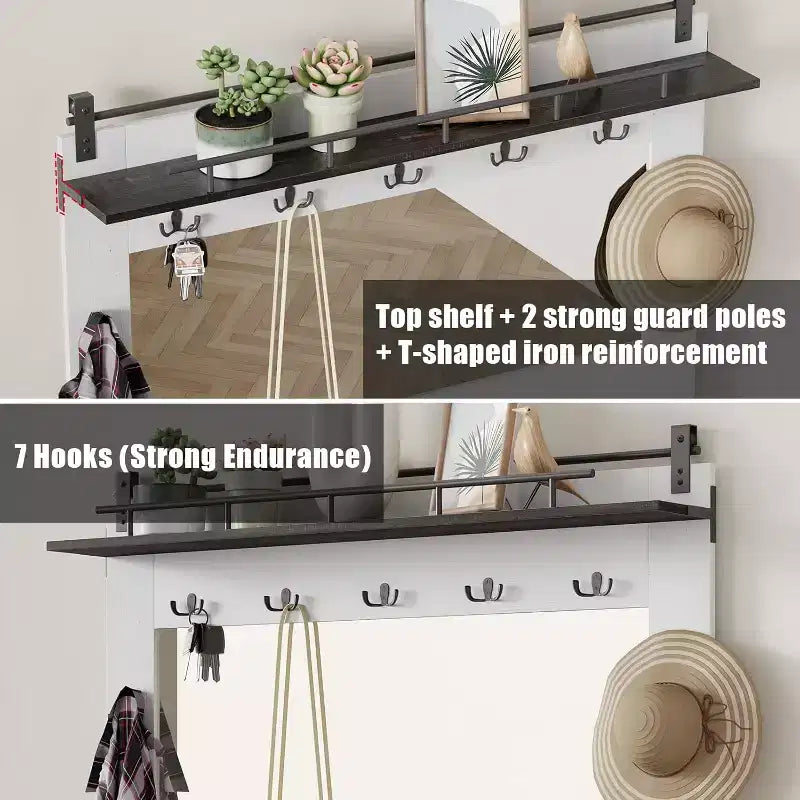 Meuble d'entrée avec porte coulissante, MDF+PB+Fer, 2 miroirs, couleur chêne foncé et blanc vintage, pour hall d'entrée