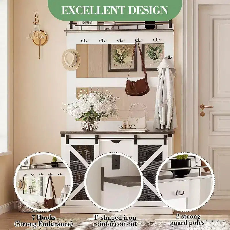 Meuble d'entrée avec porte coulissante, MDF+PB+Fer, 2 miroirs, couleur chêne foncé et blanc vintage, pour hall d'entrée