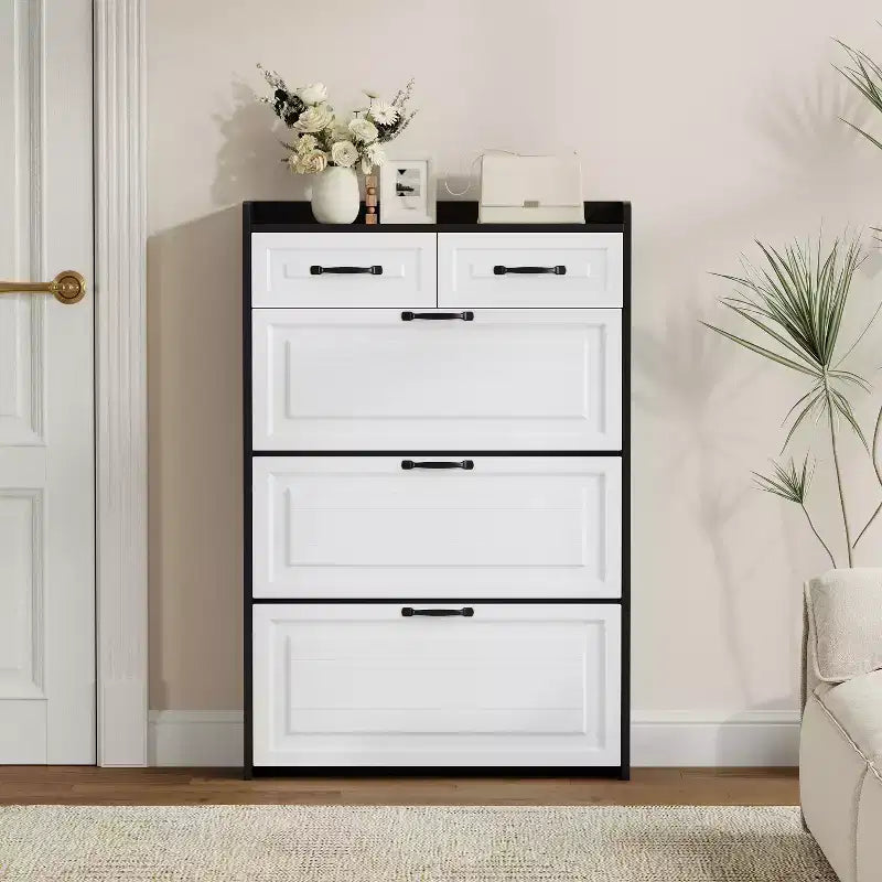 Narrow Shoe Organizer Cabinet with 3 Large Flip Drawers & 2 Storage Drawers - Slim Shoe Storage for Entryway, Hallway, Bedroom
