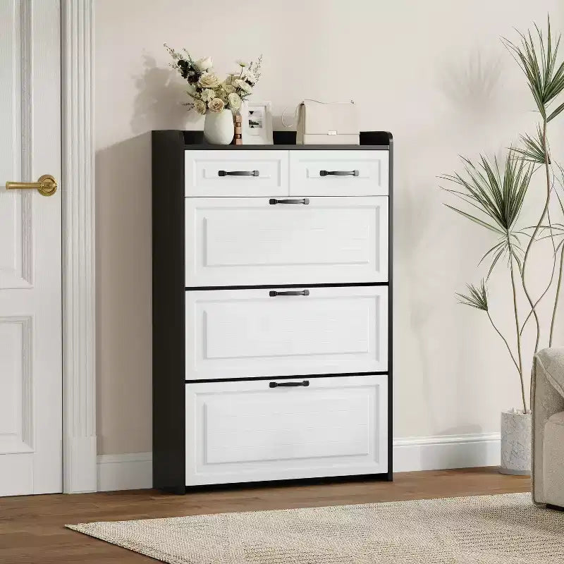 Meuble à chaussures étroit avec 3 grands tiroirs basculants et 2 tiroirs de rangement - Rangement à chaussures mince pour entrée, couloir, chambre à coucher