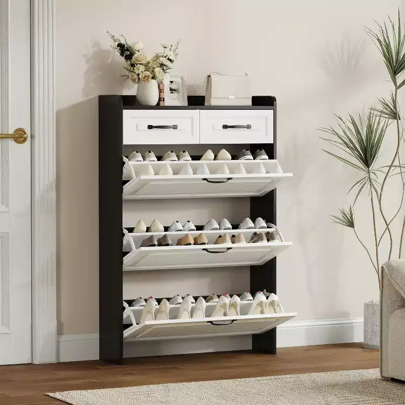 Meuble à chaussures étroit avec 3 grands tiroirs basculants et 2 tiroirs de rangement - Rangement à chaussures mince pour entrée, couloir, chambre à coucher