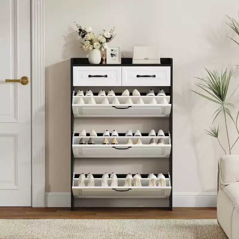 Meuble à chaussures étroit avec 3 grands tiroirs basculants et 2 tiroirs de rangement - Rangement à chaussures mince pour entrée, couloir, chambre à coucher