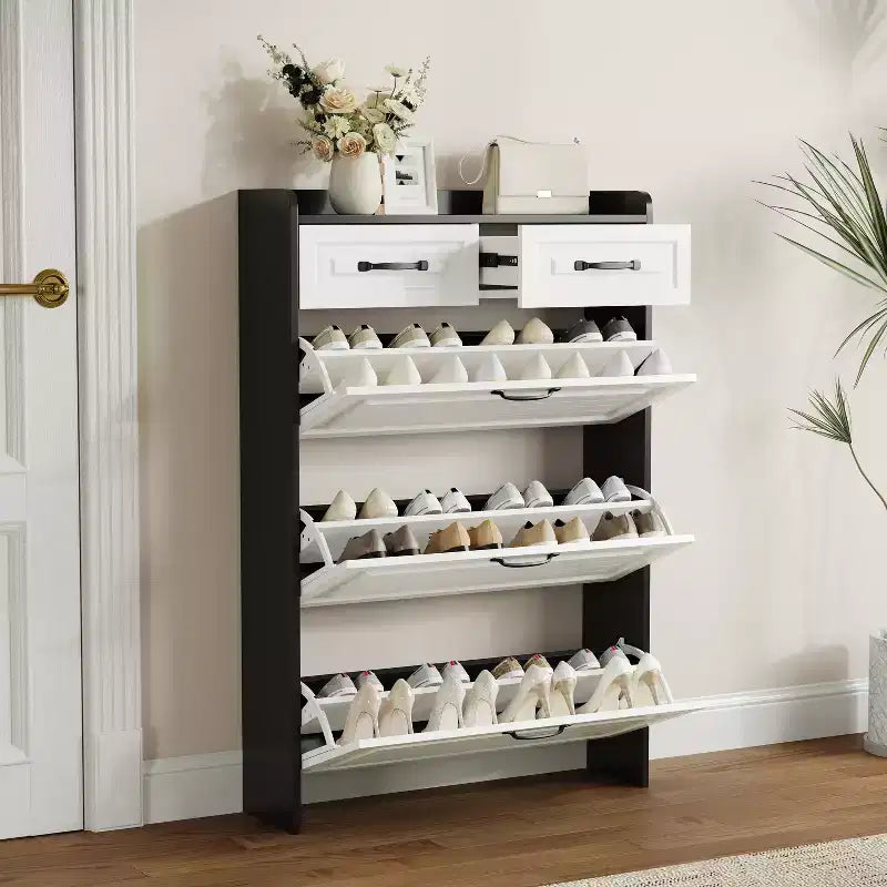 Meuble à chaussures étroit avec 3 grands tiroirs basculants et 2 tiroirs de rangement - Rangement à chaussures mince pour entrée, couloir, chambre à coucher