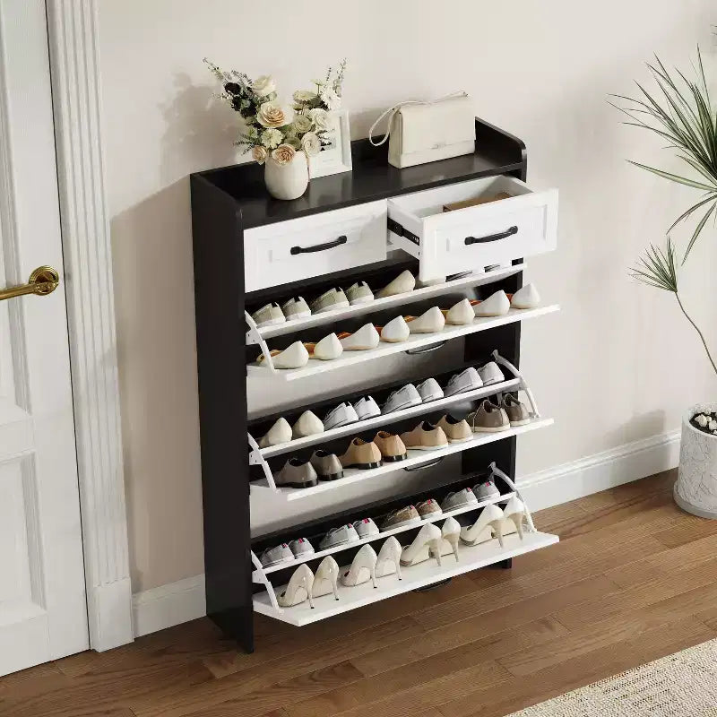 Meuble à chaussures étroit avec 3 grands tiroirs basculants et 2 tiroirs de rangement - Rangement à chaussures mince pour entrée, couloir, chambre à coucher