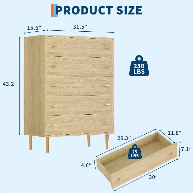 Commode à 5 tiroirs pour chambre à coucher, commode rustique en bois de 112 cm de haut avec poignées de barres, design vintage, organisateur de commodes de rangement pour chambre à coucher