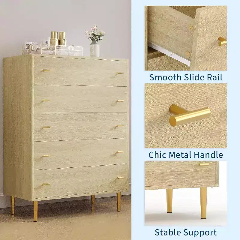 Commode à 5 tiroirs pour chambre à coucher, commode rustique en bois de 112 cm de haut avec poignées de barres, design vintage, organisateur de commodes de rangement pour chambre à coucher