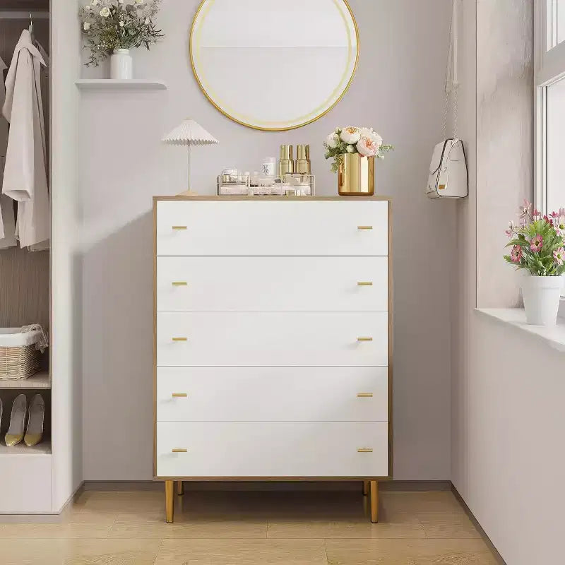 Commode à 5 tiroirs pour chambre à coucher, commode rustique en bois de 112 cm de haut avec poignées de barres, design vintage, organisateur de commodes de rangement pour chambre à coucher