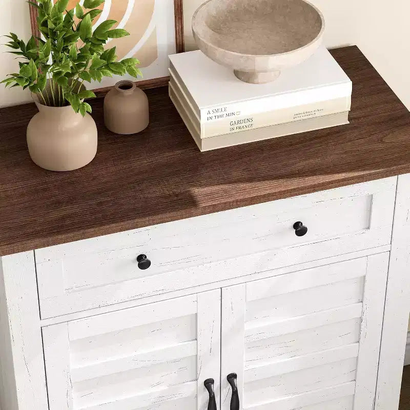Meuble de rangement réglable à 3 niveaux avec portes persiennes - Buffet de ferme étanche et meuble de bar à café avec tiroir spacieux