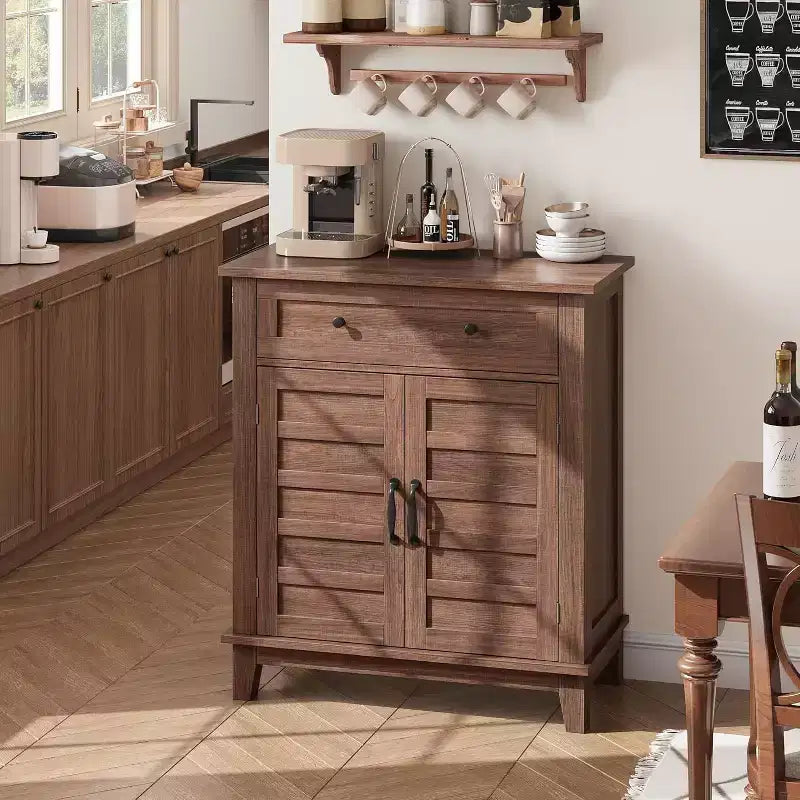 Meuble de rangement réglable à 3 niveaux avec portes persiennes - Buffet de ferme étanche et meuble de bar à café avec tiroir spacieux